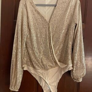Pink Lily Sequin Beige Bodysuit Top